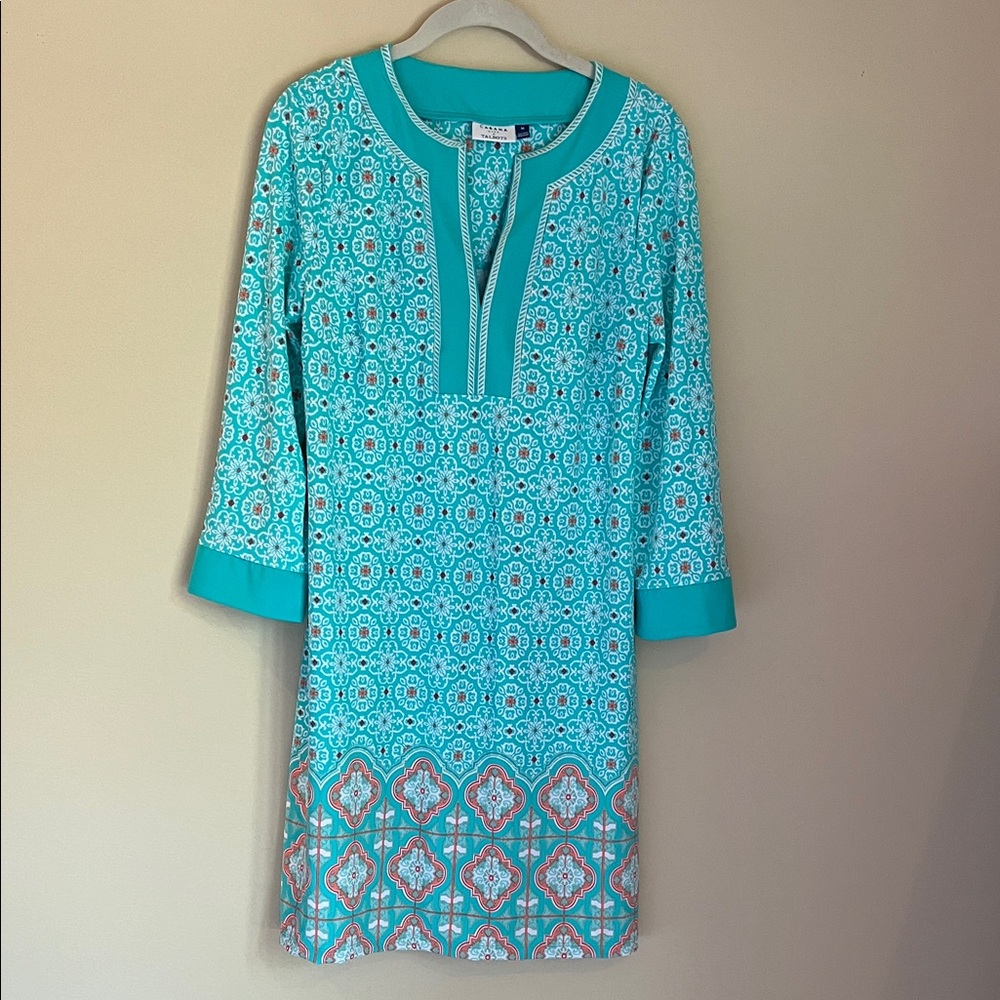 Talbots Aqua And White Patterned Long Sleeve Dress - image 1